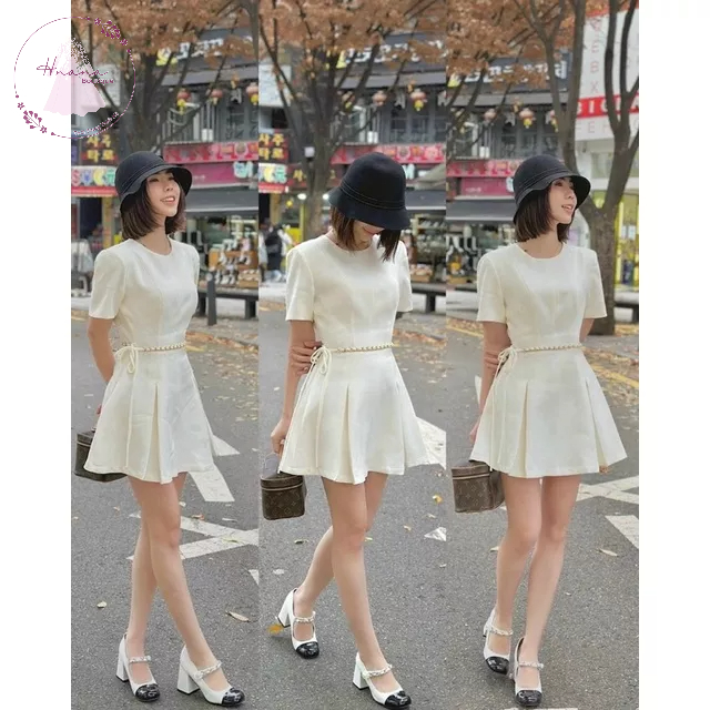 ĐẦM THIẾT KẾ TRẮNG ĐEN KÈM ĐAI EO