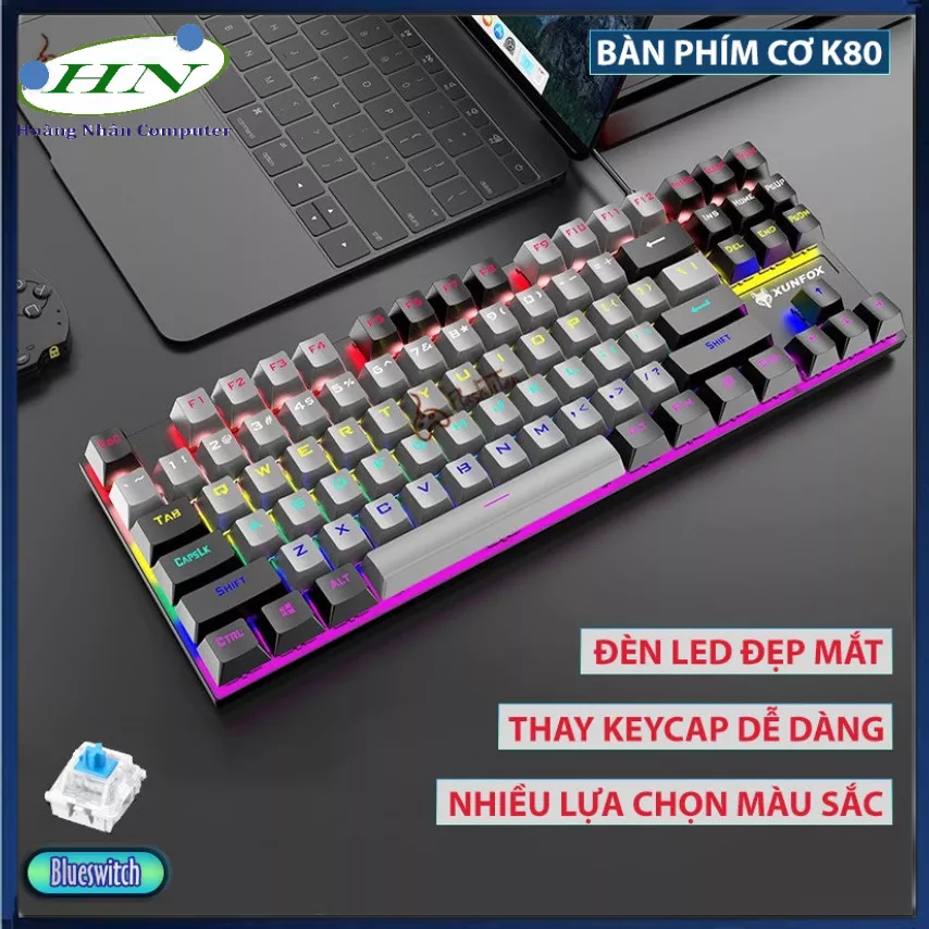 Bàn phím cơ mini chuyên game Blue Switch nút vuông 87 phím XUNFOX K80