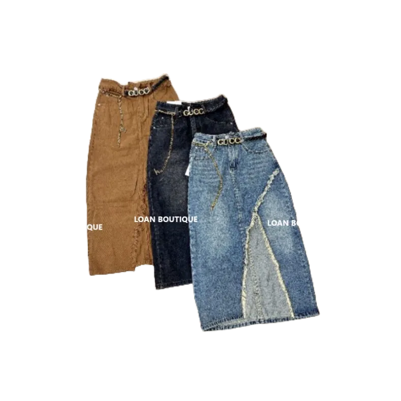 Chân váy jean dài xẻ tà ziczac tua rua kèm đai đẹp_chân váy bò dài kiểu