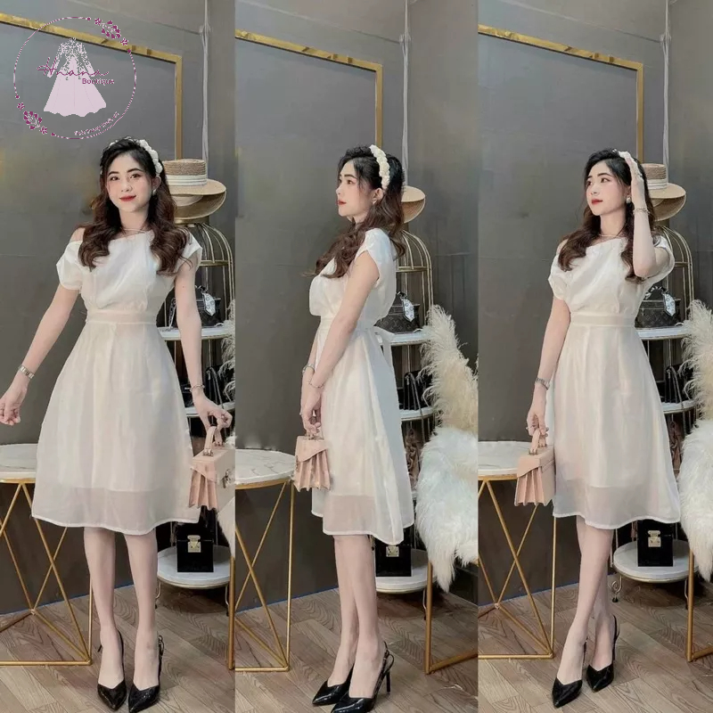 Đầm lệch vai thắt nơ eo thiết kế cao cấp