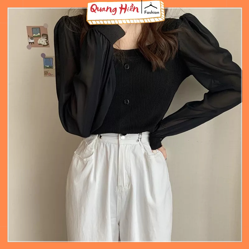 Áo len nữ cổ vuông tay voan bồng MS351