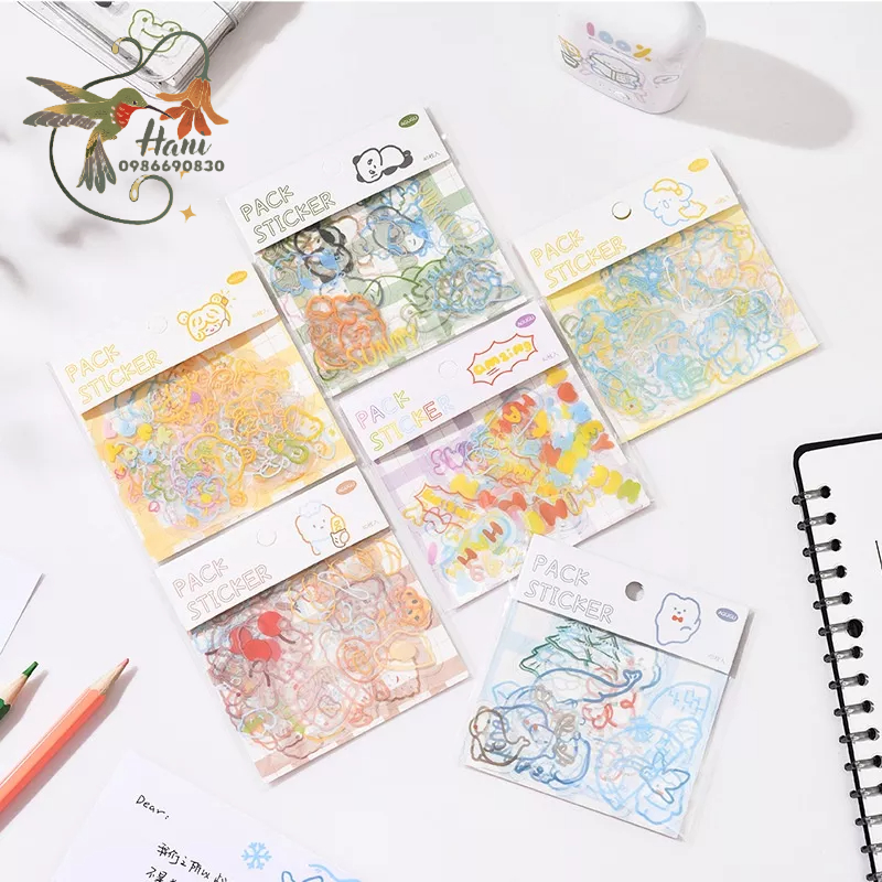 Set 40 miếng dán sticker trong họa tiết xinh xắn, Trang trí văn phòng, sách vở, máy tính, bình ly nước, điện thoại.