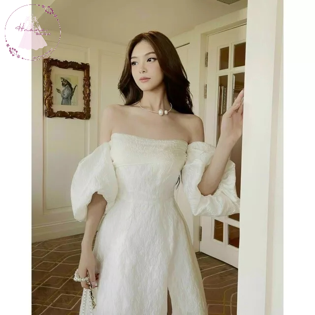 ĐẦM GẤM THIẾT KẾ TRỄ VAI TAY BỒNG RỚT VAI XẺ TÀ DÁNG DÀI