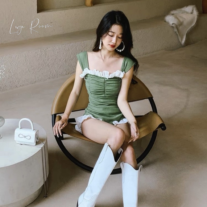 Bikini 2 dây màu xanh phối bèo, đồ bơi liền thân 1 mảnh khoét lưng sexy