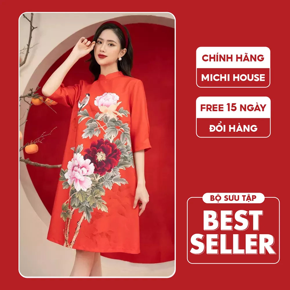 Đầm Suông A Dáng Áo Dài Cách Tân MICHI House Váy Xuông Thu Đông Dài Qua Gối Họa Tiết Hoa Mặc Lễ Tết Xinh V555