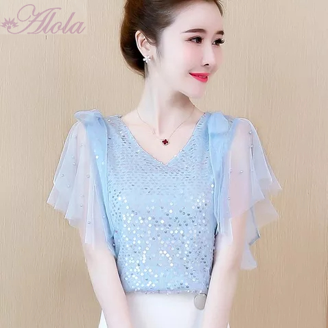 Thanh lý Áo sơ mi nữ/áo kiểu nữ cổ chữ V tay ren cánh tiên