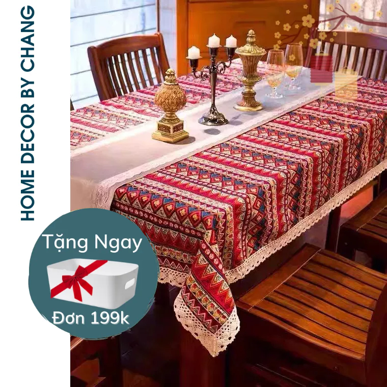 Khăn Trải Bàn Ăn, Khăn Đi Picnic Vải Canvas VIỀN REN Họa Tiết Nhí Phong Cách Vintage Tinh Tế, Xinh Xắn