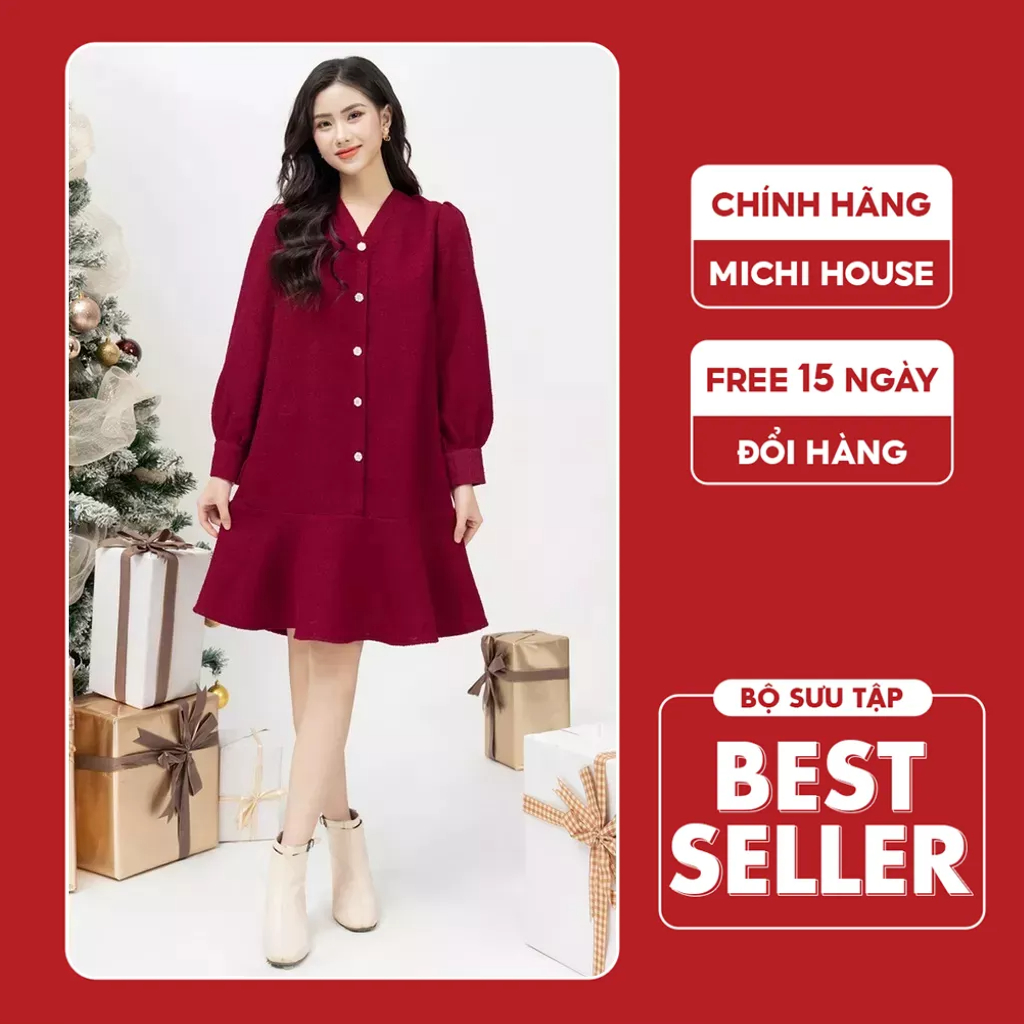 Đầm Đỏ Mặc Tết Dáng Suông Đuôi Cá Michi House Váy Xuông Đuôi Cá Dáng Dài Đến Gối Cổ V Sang Trọng Bầu Mặc Xinh V534