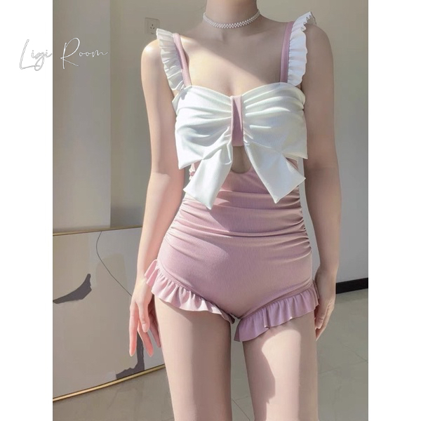 Bikini 2 dây liền thân 1 mảnh màu hồng cổ nơ, đồ bơi sexy màu xanh khoét lưng