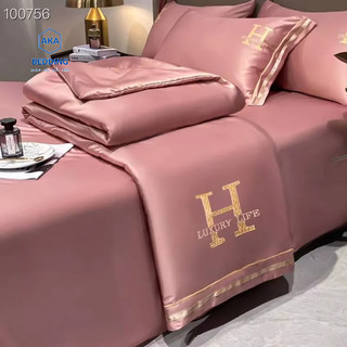 Chăn ga gối lụa hoạ tiết chữ H siêu mềm đẹp