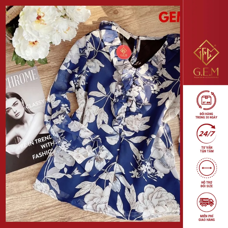 Áo kiểu hoa vintage G171 CÓ BIGSIZE xanh coban chất chiffon, dễ kết hợp với chân váy và quần thời trang - GEM Fashion