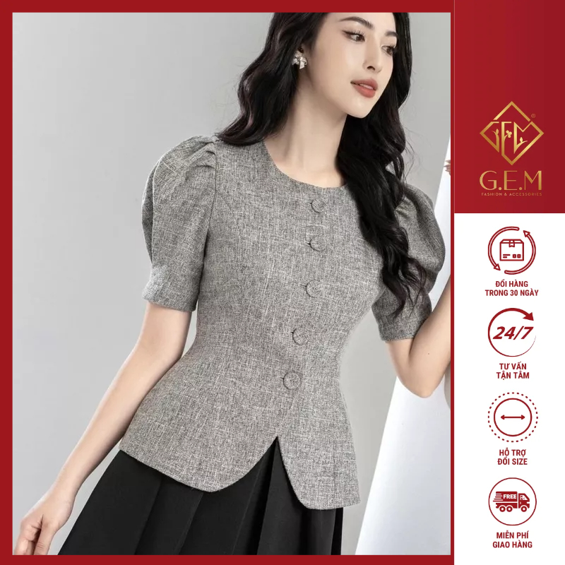 Áo tay bồng màu xám cực kì tôn eo có đủ size cho chị em dễ mặc chất vải mát kiểu dáng trẻ trung sang chảnh - GEM Fashion