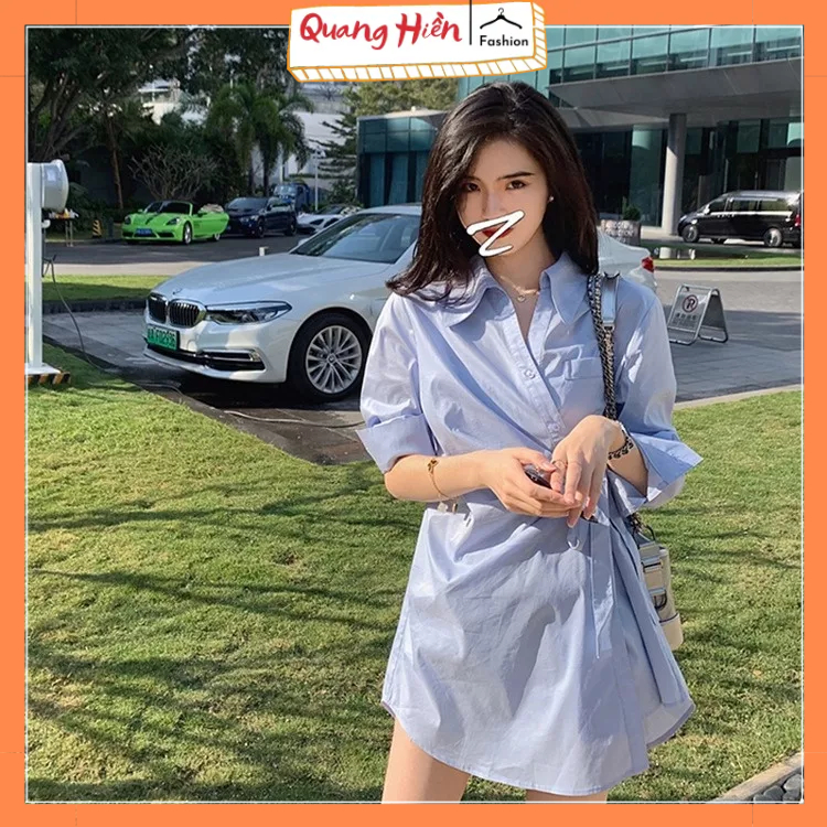 Áo đầm sơ mi dài xếp ly eo thắt nơ vạt lệch MS681