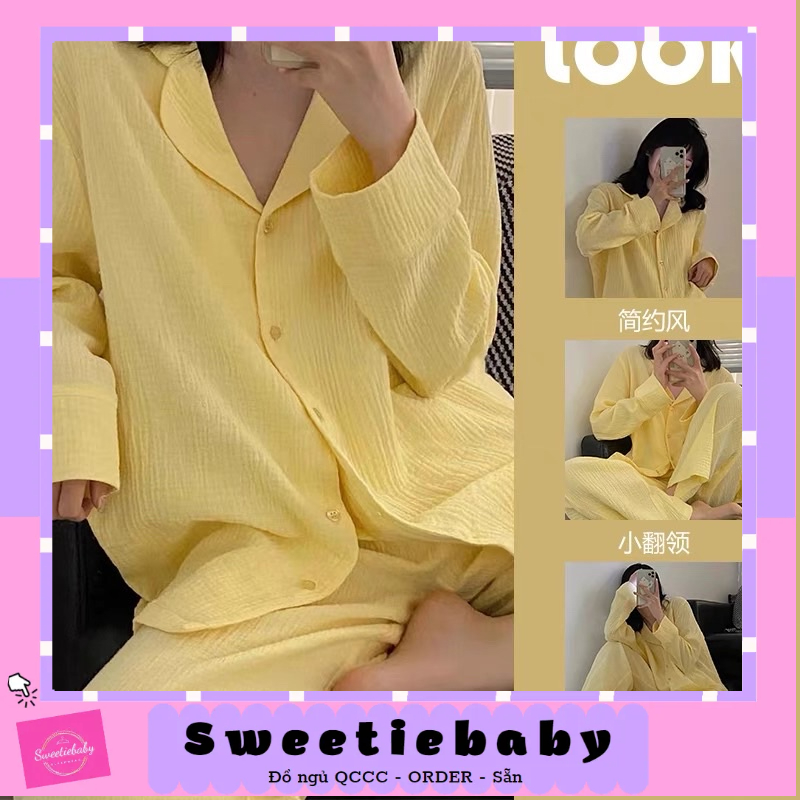 SET ĐỒ BỘ PIJAMA VÀNG TRƠN XÔ MUSLIN DÀI TAY rẻ nhất shopee