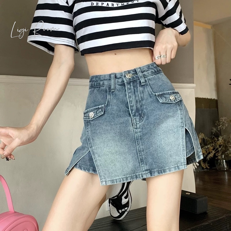 Váy bò giả quần xẻ tà cá tính, chân váy chữ A quần váy chất liệu bò màu xanh