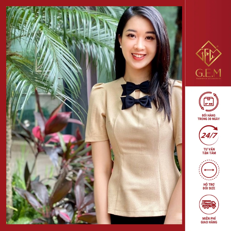 Áo kiểu phối nơ G527 rất nữ tính có thể mặc kết hợp với chân váy hay quần đều hợp thời trang, che bụng mỡ hiệu quả