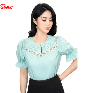 Áo sơ mi thô lụa xanh, tay bồng cổ tròn xếp mí can ren Limitted Toson 11039X93