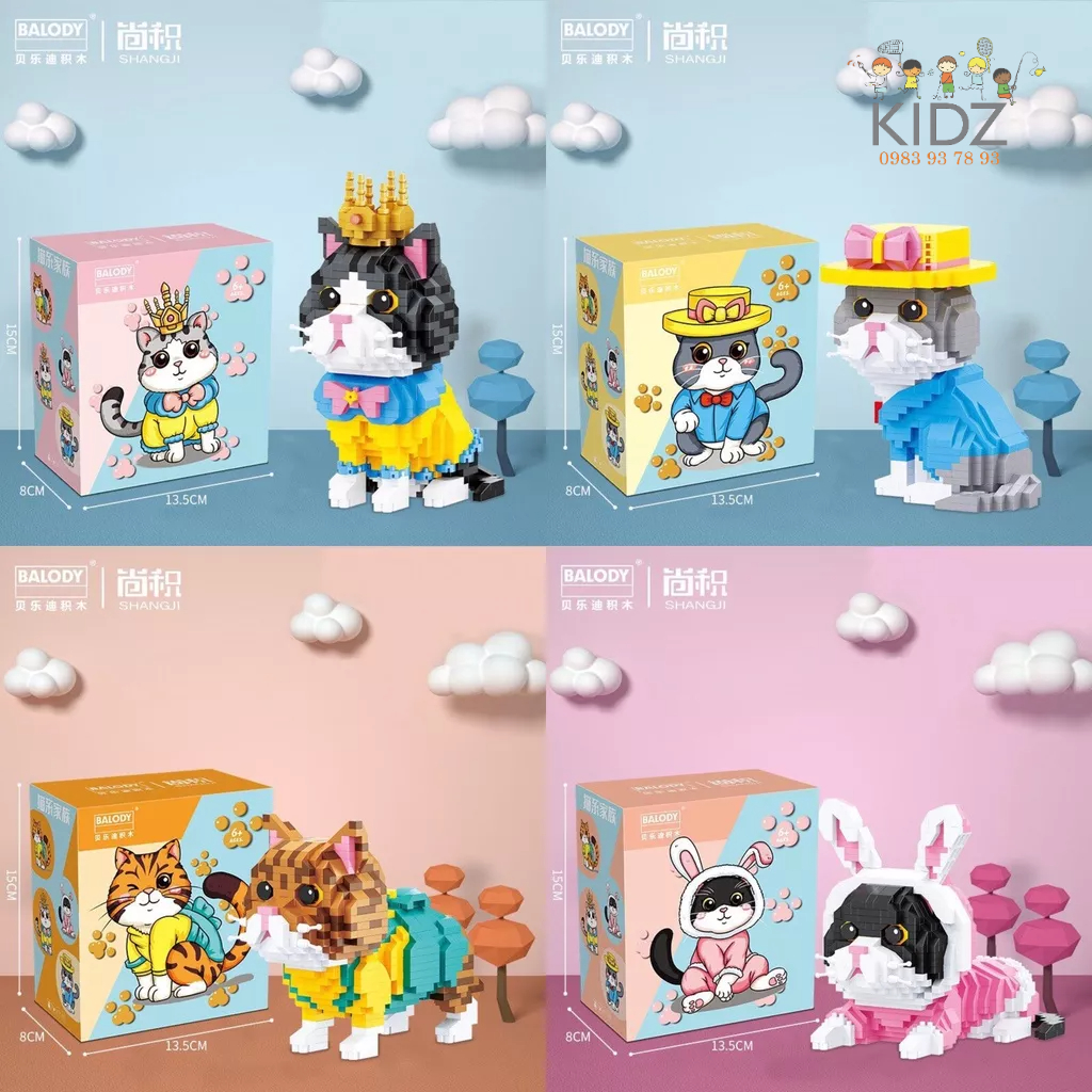 Hộp lắp ráp xếp hình 3D Boss MÈO đội vương miện, mèo đội mũ, mèo vằn nâu, mèo tai thỏ xinh siêu dễ thương