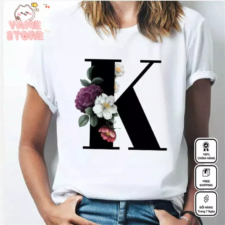 - Áo Thun Nữ Vải Cotton, Áo In Hình Chữ Cái (K - R) Tiếng Anh Thời Trang Mã EM2