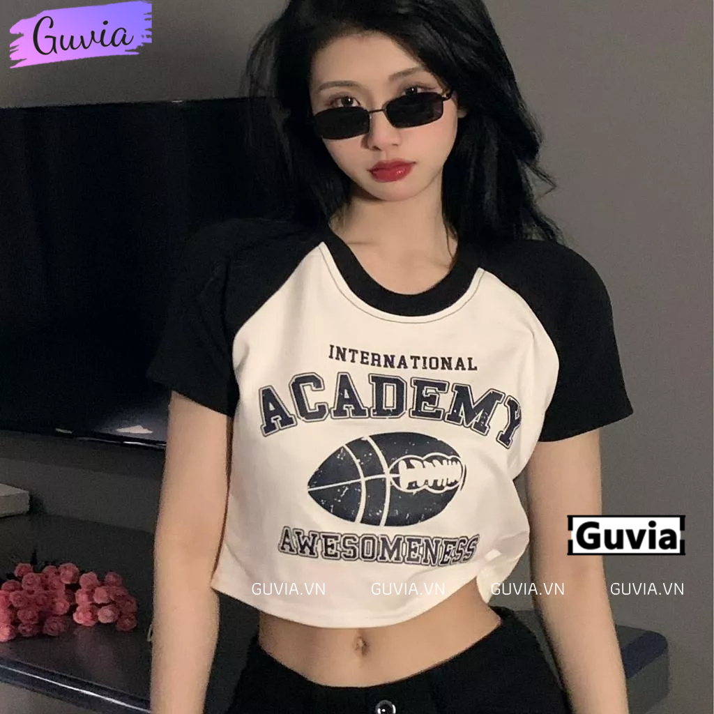 Áo Croptop ACADEMY Cổ Tròn Tay Ngắn Ôm Body, Áo Thun Croptop Kiểu In Chất Borip GUVIA CR119