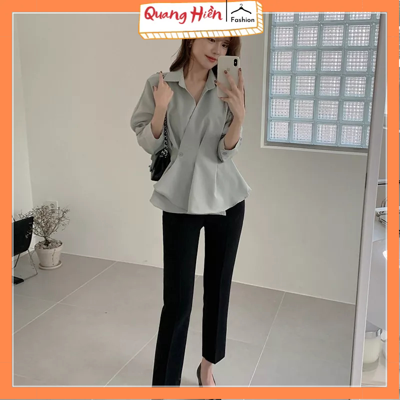 Áo sơ mi nữ kiểu xếp ly vạt lệch vải đẹp mềm mát MS685