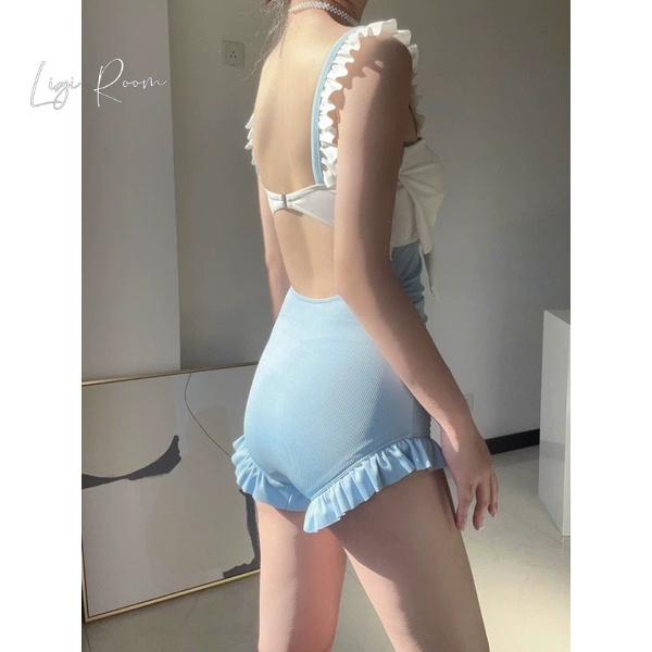 Bikini 2 dây liền thân 1 mảnh màu hồng cổ nơ, đồ bơi sexy màu xanh khoét lưng