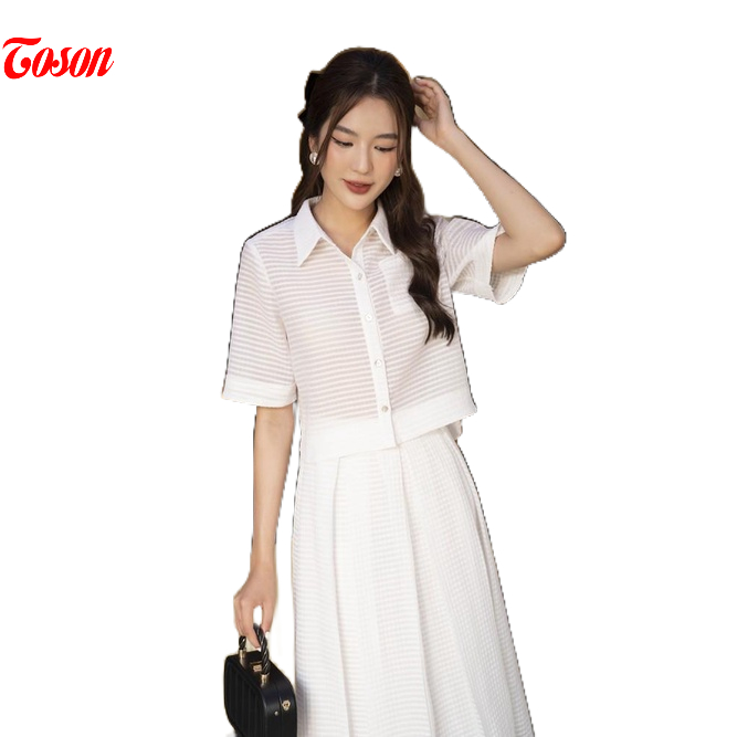 Bộ organza trắng áo cổ đức croptop và chân váy xòe xếp ly Limitted Toson B1323W83
