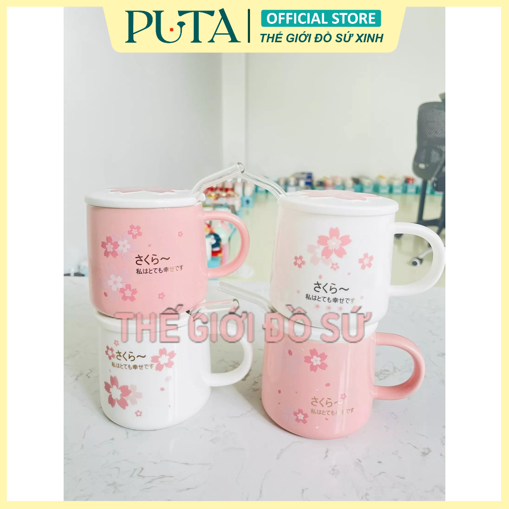 Ly sứ trắng - hồng họa tiết hoa anh đào kèm nắp và ống hút thể tích 400ml [TUP0029]