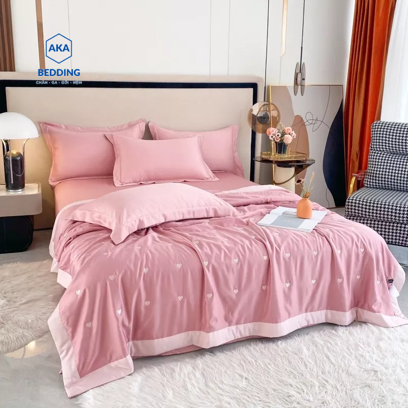 Bộ Chăn Ga gối Lụa tim bốn mùa, quà tặng cực đẹp