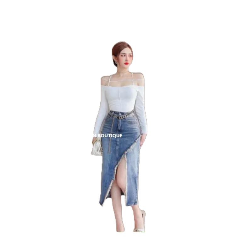 Chân váy jean dài xẻ tà ziczac tua rua kèm đai đẹp_chân váy bò dài kiểu