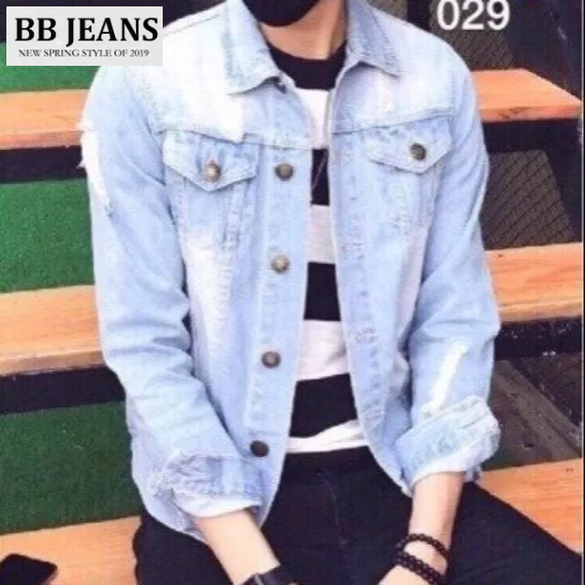 Áo khoác jean nam form body suông xanh rách 5030 cực đẹp - style PM chuẩn dáng size 40-75kg BB Jeans