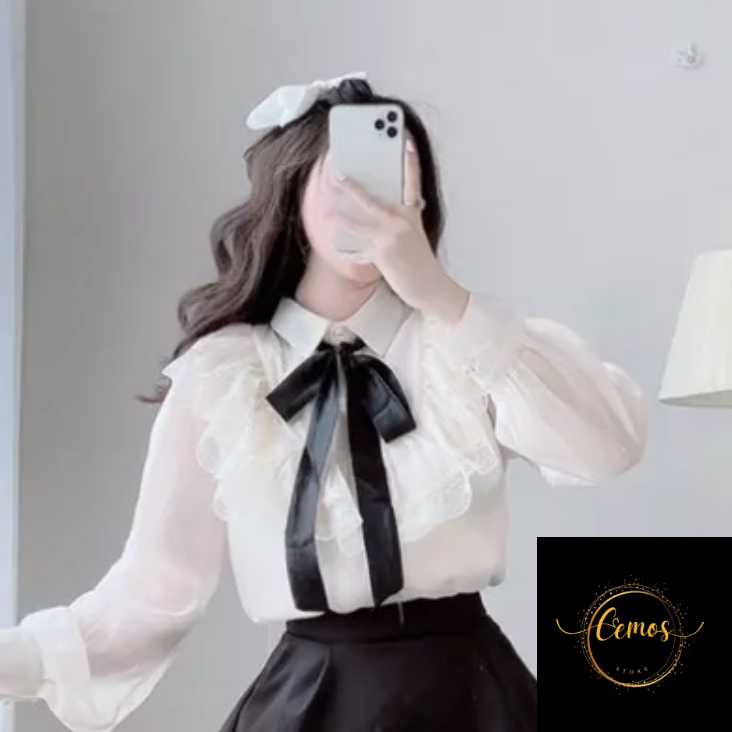 Áo sơ mi tiểu thư viền ren, cổ buộc nơ đen thắt nơ CEMOS hàng CAO CẤP, Áo sơ mi công sở CEMOS, áo sơ mi nữ Cemos