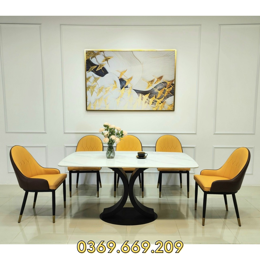 Bộ bàn ăn mặt đá ceramic bóng chân cánh cung đôi kết hợp ghế Monet có tay