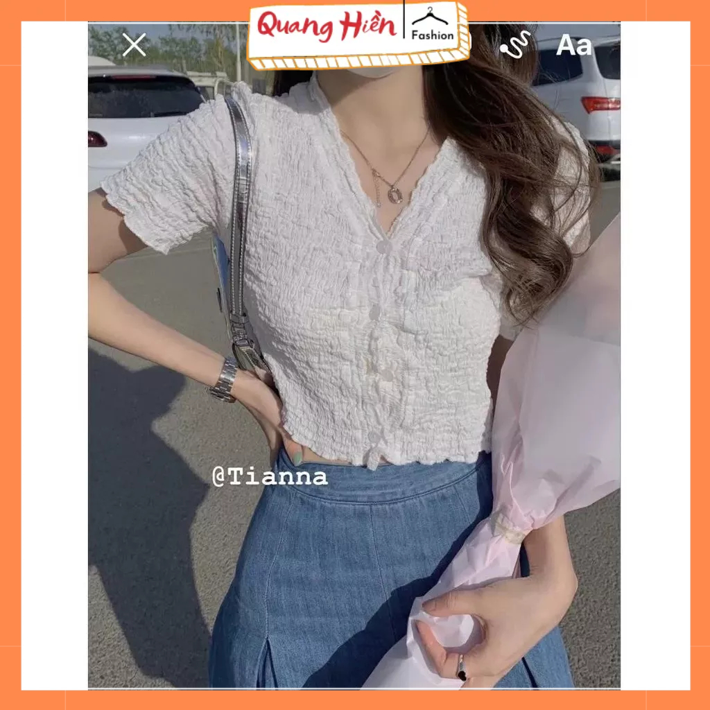 Áo kiểu nữ croptop xốp nhăn viền bèo cổ tim MS693