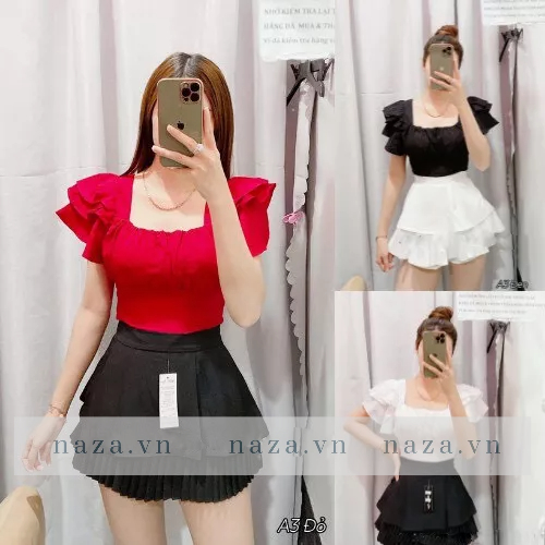 Áo Kiểu Tiểu Thư Siêu Xinh Thiết Kế Tay Bèo Ba Tầng Kiểu Cánh Tiên, Chất Đũi xước Mềm