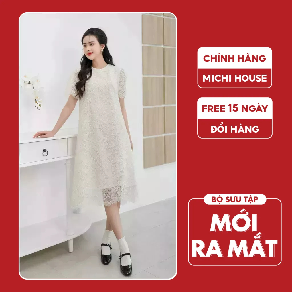 Đầm Suông A Michi House Váy Xuông Công Sở Ren Hoa Dáng Dài Qua Gối Phong Cách Hàn Quốc Freesize Bầu Mặc Xinh V571