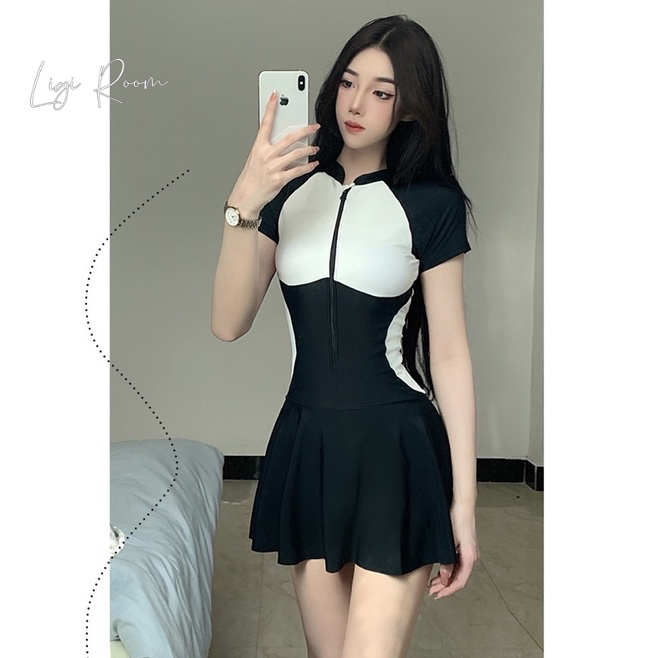 Bikini cộc tay váy xoè kín đáo, đồ bơi liền mảnh kéo khoá tôn dáng | BigBuy360 - bigbuy360.vn