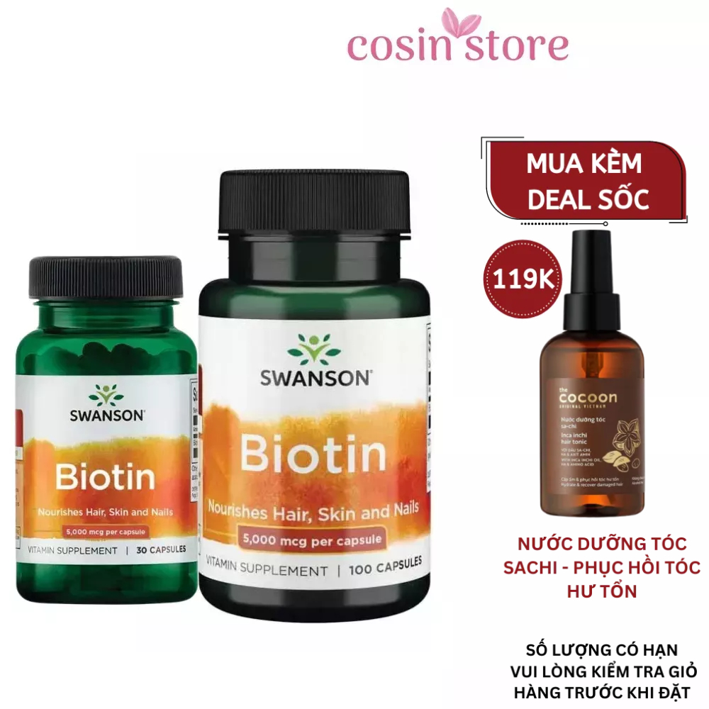 Viên Uống Biotin Swanson 5000 Mcg Mỹ 100 Viên 30 Viên Hỗ Trợ Sức Khoẻ Tóc Cosin Store