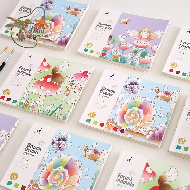 Tranh tô màu kèm màu nước và cọ cho bé, chủ đề động vật, đại dương và bé gái