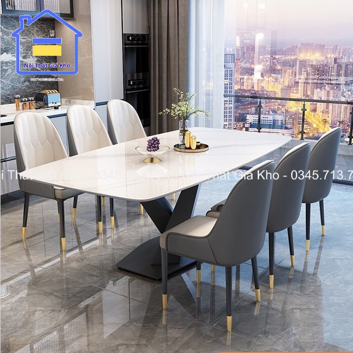 Bàn ăn mặt đá ceramic bóng chân cheo chữ X kết hợp ghế Monet, bàn ăn mặt đá 4 ghế 6 ghế 8 ghế