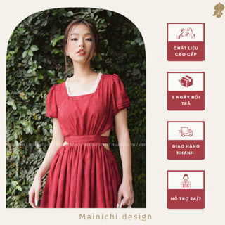  Đầm Rose Dress đỏ dáng xòe cổ vuông hàng thiết kế_mainichi 