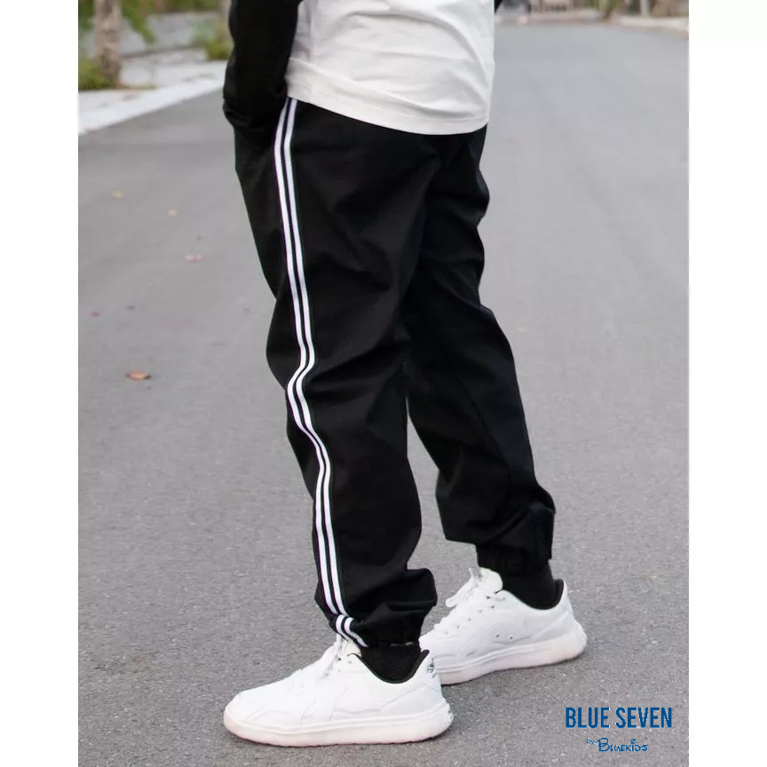 Quần kaki chun đen dây dệt kẻ trắng