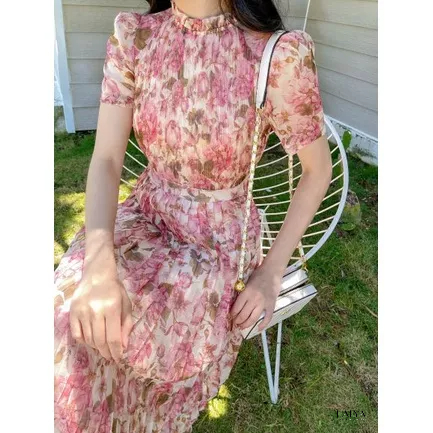 LALYA_D365_Váy hoa ngưc dập ly tăm-Hồng