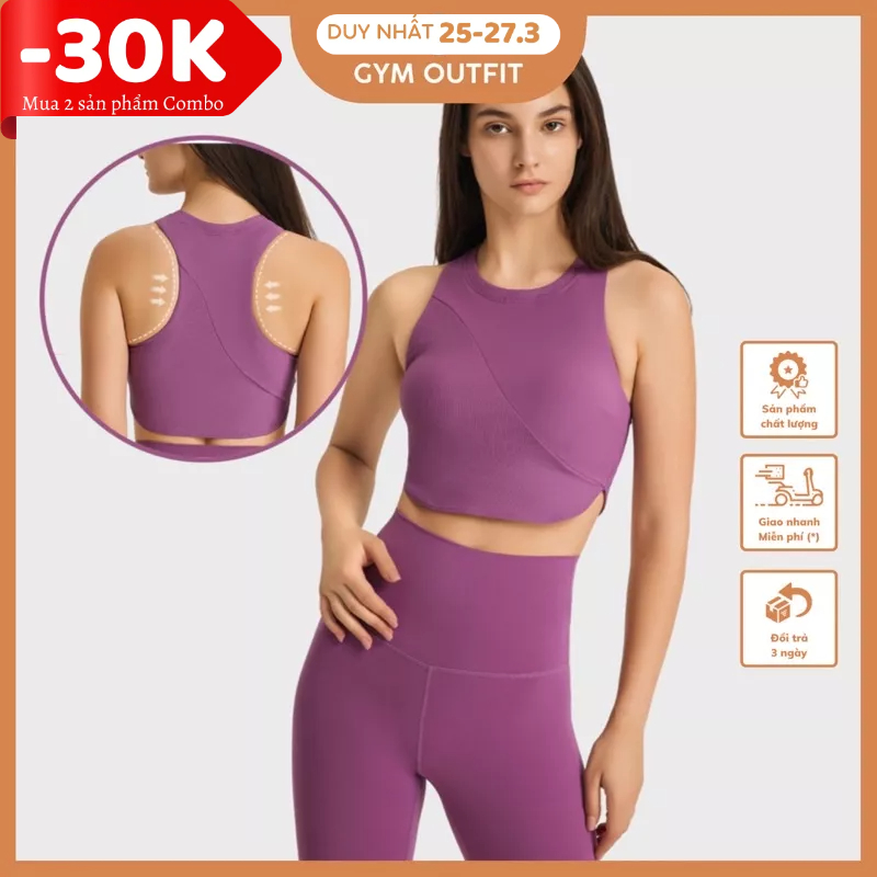 Áo Croptop có sẵn đệm mút Nâng đỡ ngực tập thể thao vải gân tăm- Lulu cao cấp 2023 DT207