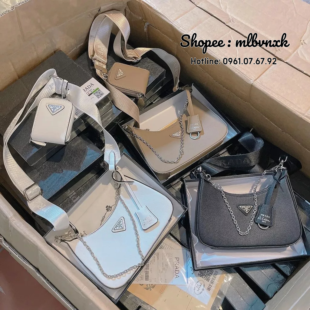 ẢNH THẬT / FULLBOX / KÈM VÍ MINI - Túi Xách Prada Vải Xước Quai Xích Kèm Dây Đeo Chéo Size 24