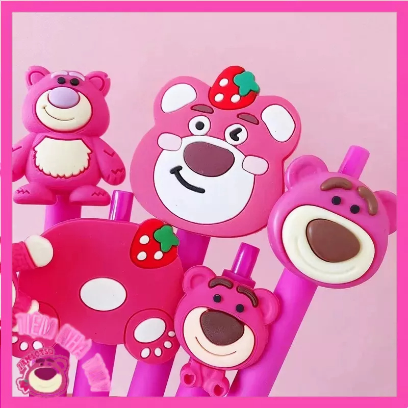 Set 7 bút mực gel hình gấu dâu Lotso dễ thương - Set 7 viết hình gấu hồng losto ngòi 0.5mm đen