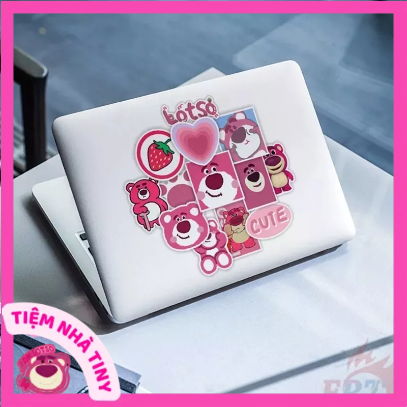Set 50 sticker gấu dâu losto chống thấm nước - Combo 50 hình dán gấu hồng lotso trang trí mũ bảo hiểm điện thoại laptop