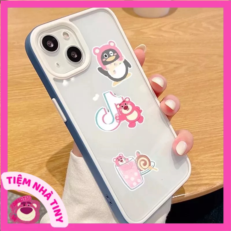 Set 50 sticker gấu dâu losto chống thấm nước - Combo 50 hình dán gấu hồng lotso trang trí mũ bảo hiểm điện thoại laptop