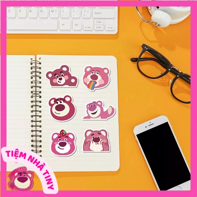 Set 50 sticker gấu dâu losto chống thấm nước - Combo 50 hình dán gấu hồng lotso trang trí mũ bảo hiểm điện thoại laptop