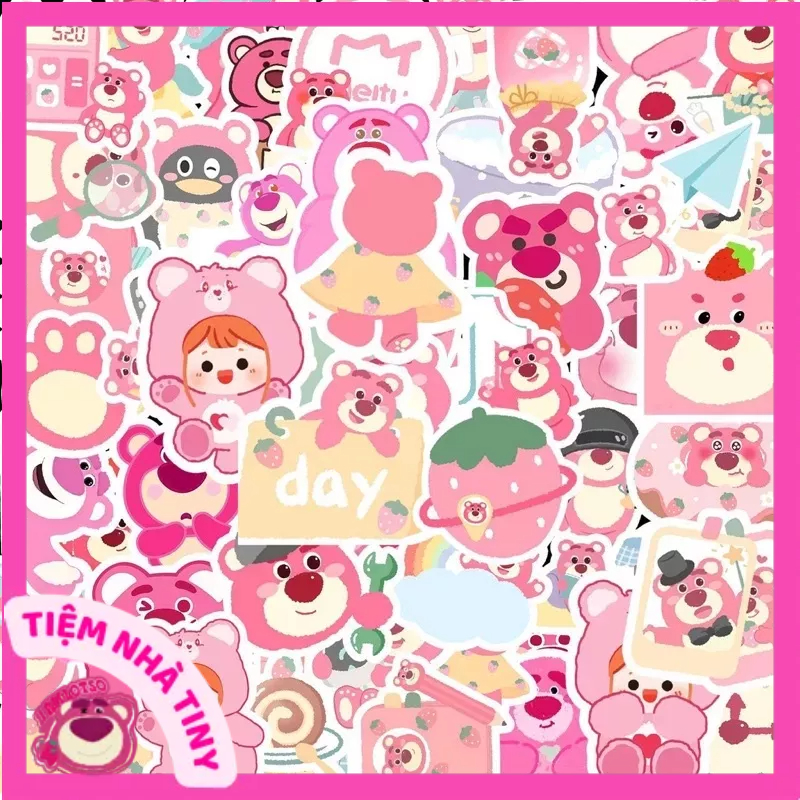 Set 50 sticker gấu dâu losto chống thấm nước - Combo 50 hình dán gấu hồng lotso trang trí mũ bảo hiểm điện thoại laptop